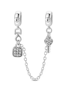 Sparkling Heart Lock and Key Safety Chain | 925 Silver Plated Bead | Fits Pandora Style Bracelets | Romantic Jewelry Gift