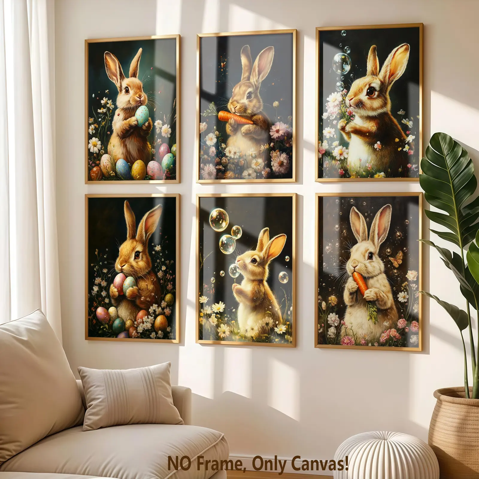 6 Count Unframed Canvas Posters, Cute Bunny Scene, Vintage Animal Decor, Easter Poster, Fashion Decoration, Modern Art Living Room