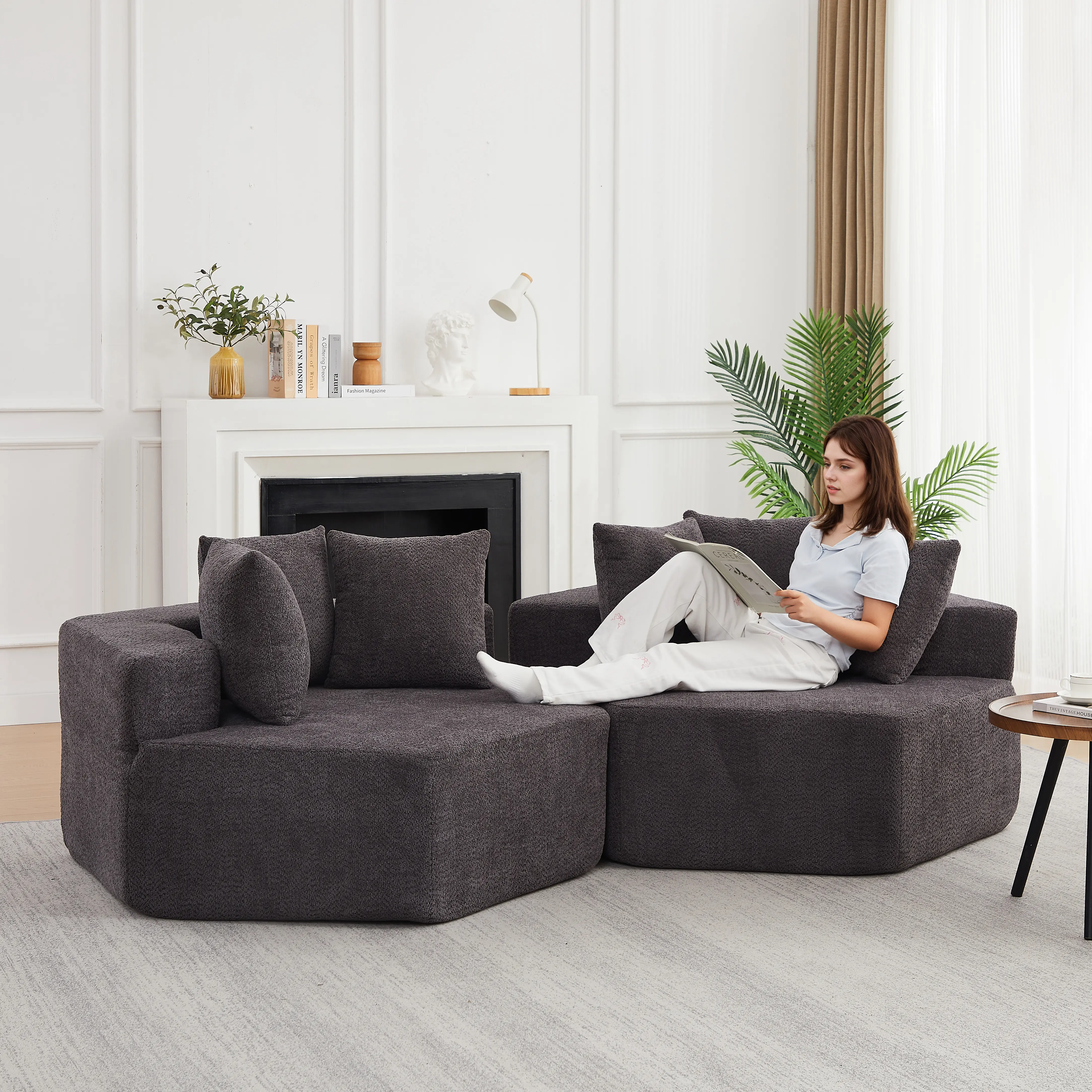 54-in Armless Hexagonal Modular Indoor Lounge Chair, Single/Double (1-Piece/2-Seat Set Option), Soft Looped Chenille Fabric, Foam+Spring Filled, Non-Slip Bottom, 3 Pillows, No-Assembly Pre-Compressed, 54×13×13in, 47.30lbs, Ideal for Living Rooms, Customiz
