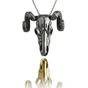 Curly Horns Skull Argali Sheep Pendant Golden and Silver Necklace Buckle with Detachable Horns - Western Style Accessories