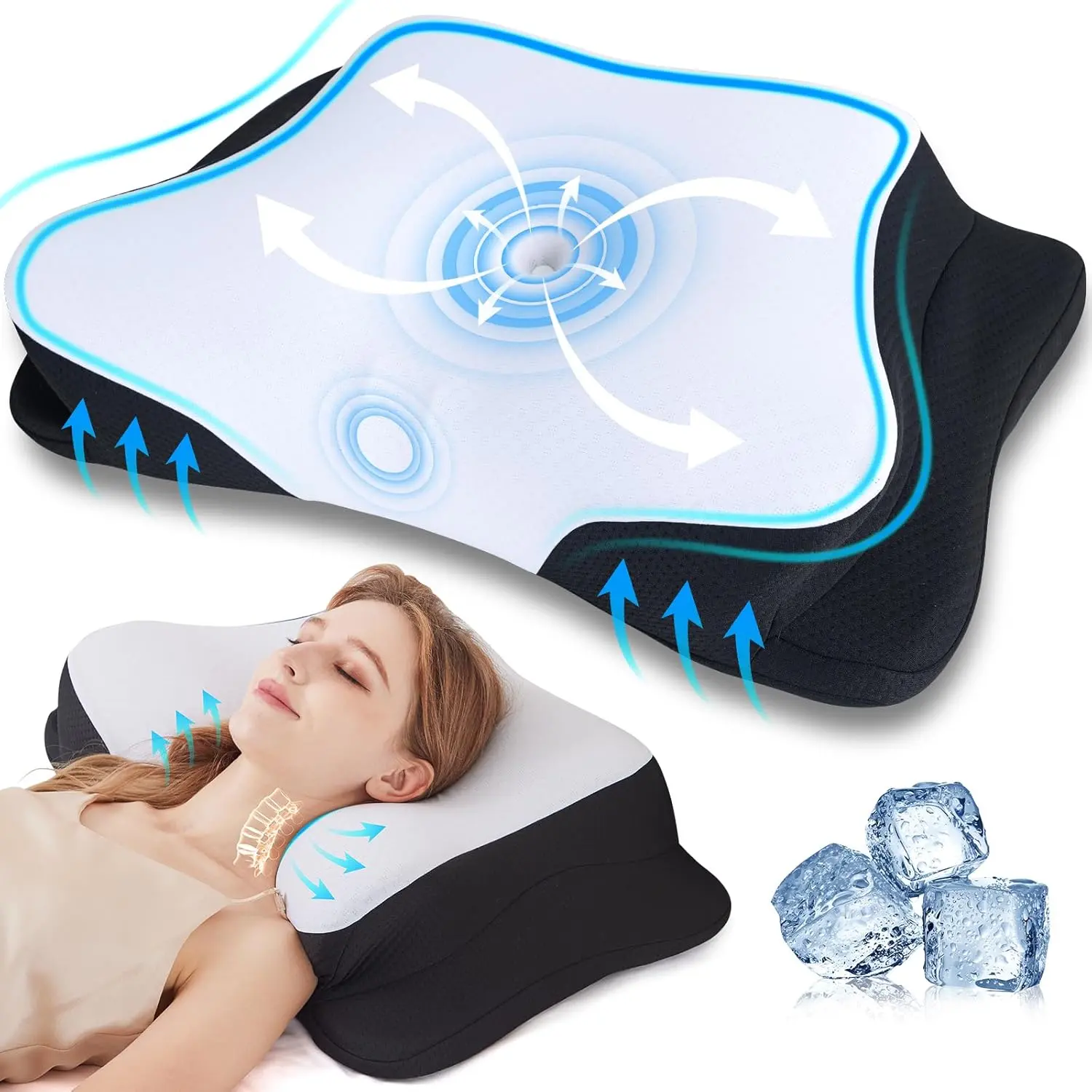 【Summer Pick】SUPA MODERN Ergonomic Cooling Cervical Memory Foam Neck Support Pillow, Hollow Design 1 Count Comfortable Contour Pillow, Dual Height Support Adjustable Bed Pillow for Sleeping, almohada, Bedroom Decorations, Back to School Gift