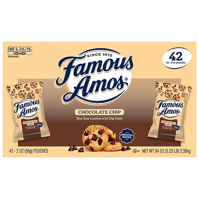 Famous Amos Chocolate Chip Cookies, 2 oz, 42 Pack - Crunchy, Bite-Sized Cookies with Rich Chocolate Chips, Perfect for Snacking, Lunchboxes, or Parties