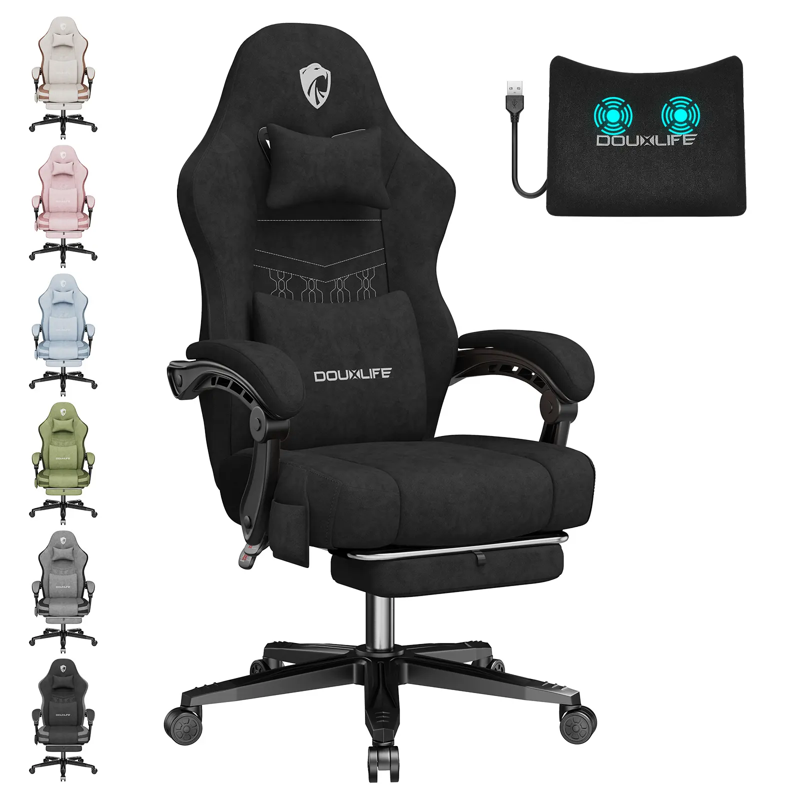 Black Fabric Gaming Chair for Gamers - Versatile Ergonomic Office Computer Chair with Massage Functionality, Footrest, Lumbar Support, Pocket Spring Widened Cushion, Metal Legs, 350LBS Capacity