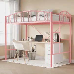 Loft Bed Twin Size Heavy Duty Metal Loft Bed Frame with Arched Guardrail and Safety Ladder Space-Saving No Box Spring Needed Matte Pink Bedframes Bedroom Set