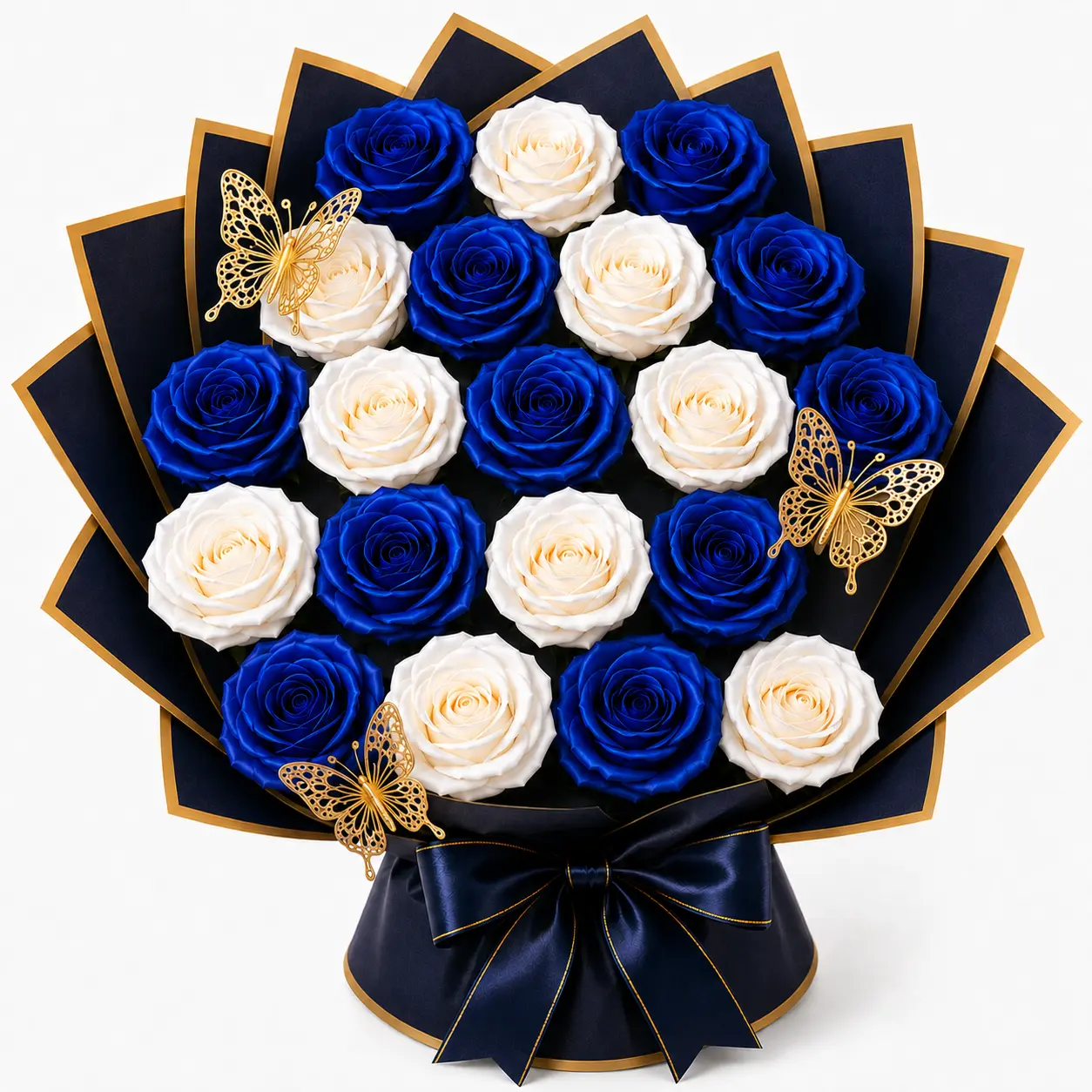 NORELD Blue & White Satin Ribbon Rose Bouquet with Butterflies | Graduation Gift | Handmade Forever Flowers | Keepsake Bouquet