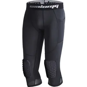 COOLOMG Youth Compression Leggings with Knee Pads 3/4 Compression Pants Capri Tights with Side Pockets for Youth Boys Girls Basketball Durable Combat