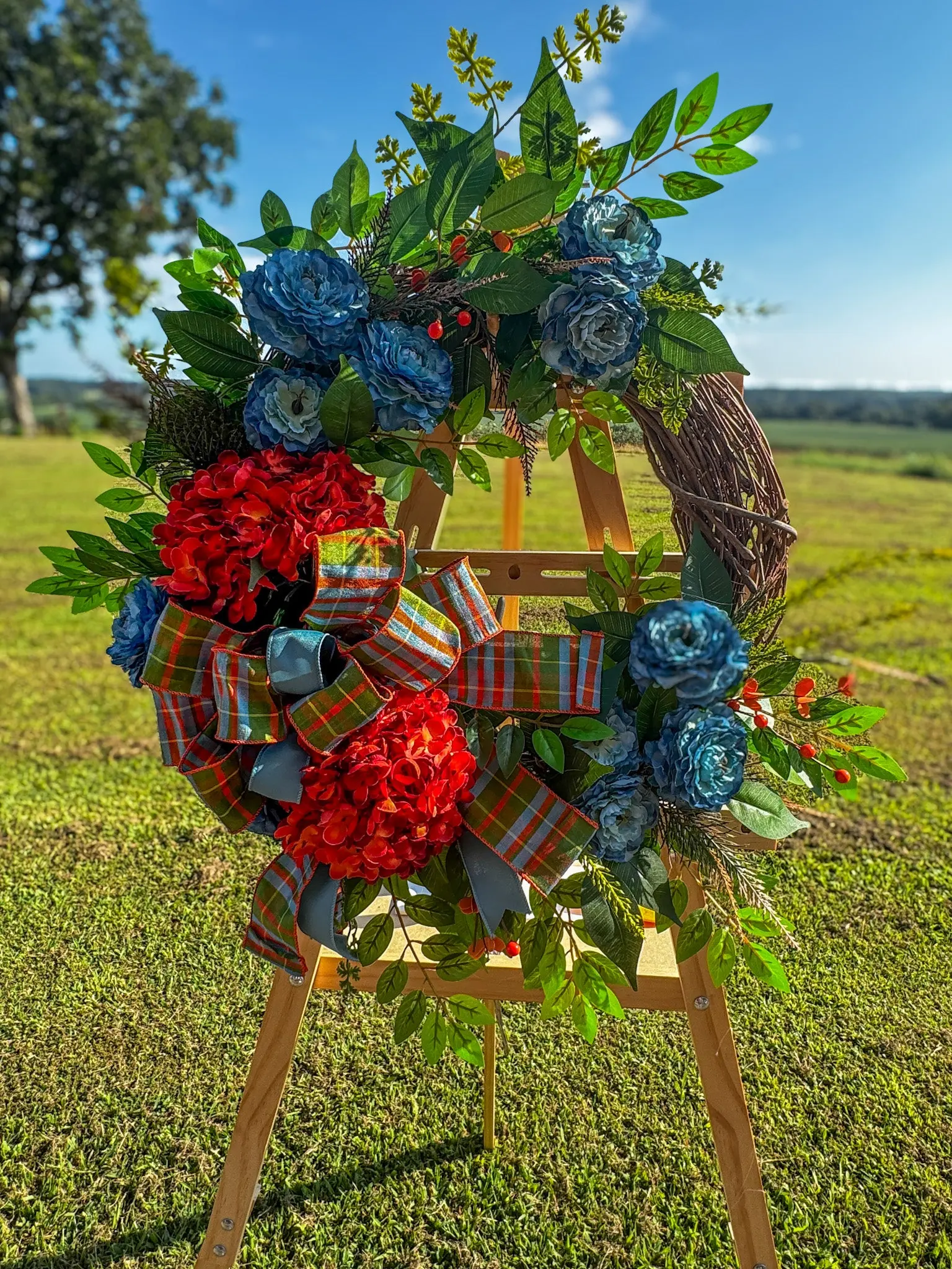 Luxury Burnt Orange & Dusty Blue Fall Grapevine Wreath