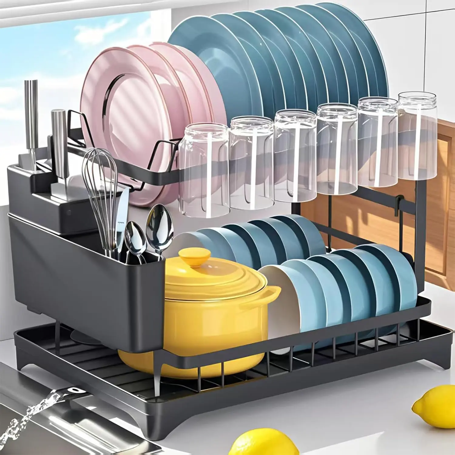 Stainless Steel 2-Layer Dish Drying Rack Organiser - Home Supplies Freestanding Drain and Dry Stand, Detachable Large Capacity with Drain Box for Tableware, Knives, Cups, Cutting Boards, Utensils, Durable Space-Saving, Convenient for Maintenance