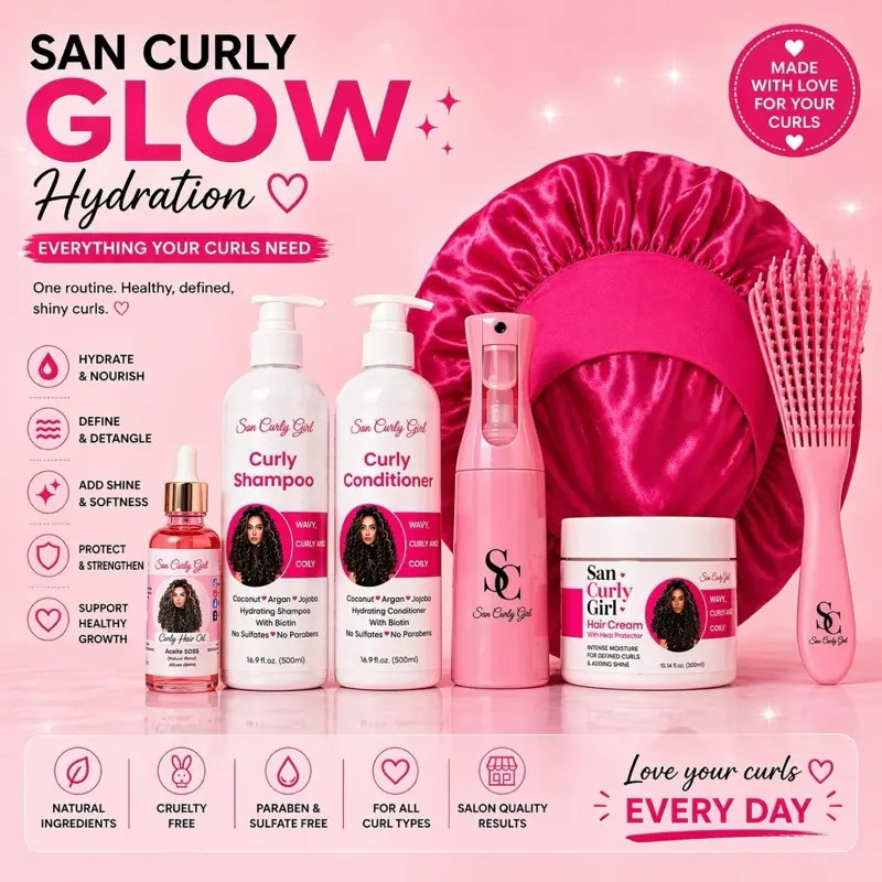 San Curly Glow 7 pieces Hydrating Kit for Curls include Shampoo,Conditioner,Curly Cream ,Curly Hair Oil ,Brush ,Bonnett and Continous Spray Bottle