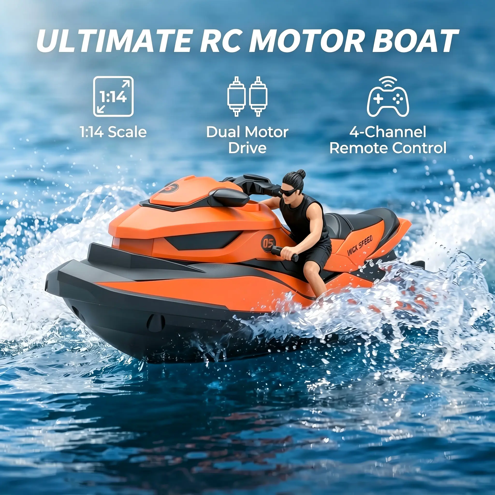 RC Jet Ski Boat, 2.4GHz High Speed RC Boat Toy, 1:14 Scale dual motors, 50m range, waterproof & auto water start. Summer outdoor toy for kids & adults, fits pool lake river, nice birthday & holiday gift.