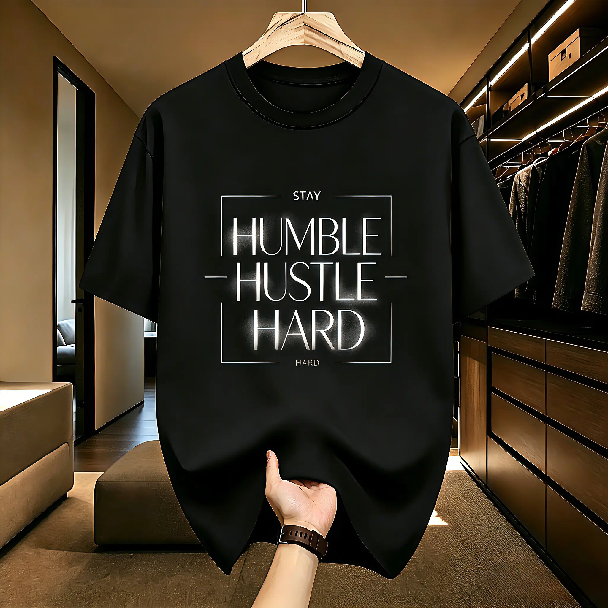 Unisex Black Cotton Crew Neck T-Shirt, Minimal Square Frame Faded Text Stay Humble Hustle Hard Motivational Front Chest Print Graphic Tee, Entrepreneur Inspirational Casual Top Gift For Hard Workers, Gym Lovers & Entrepreneurs
