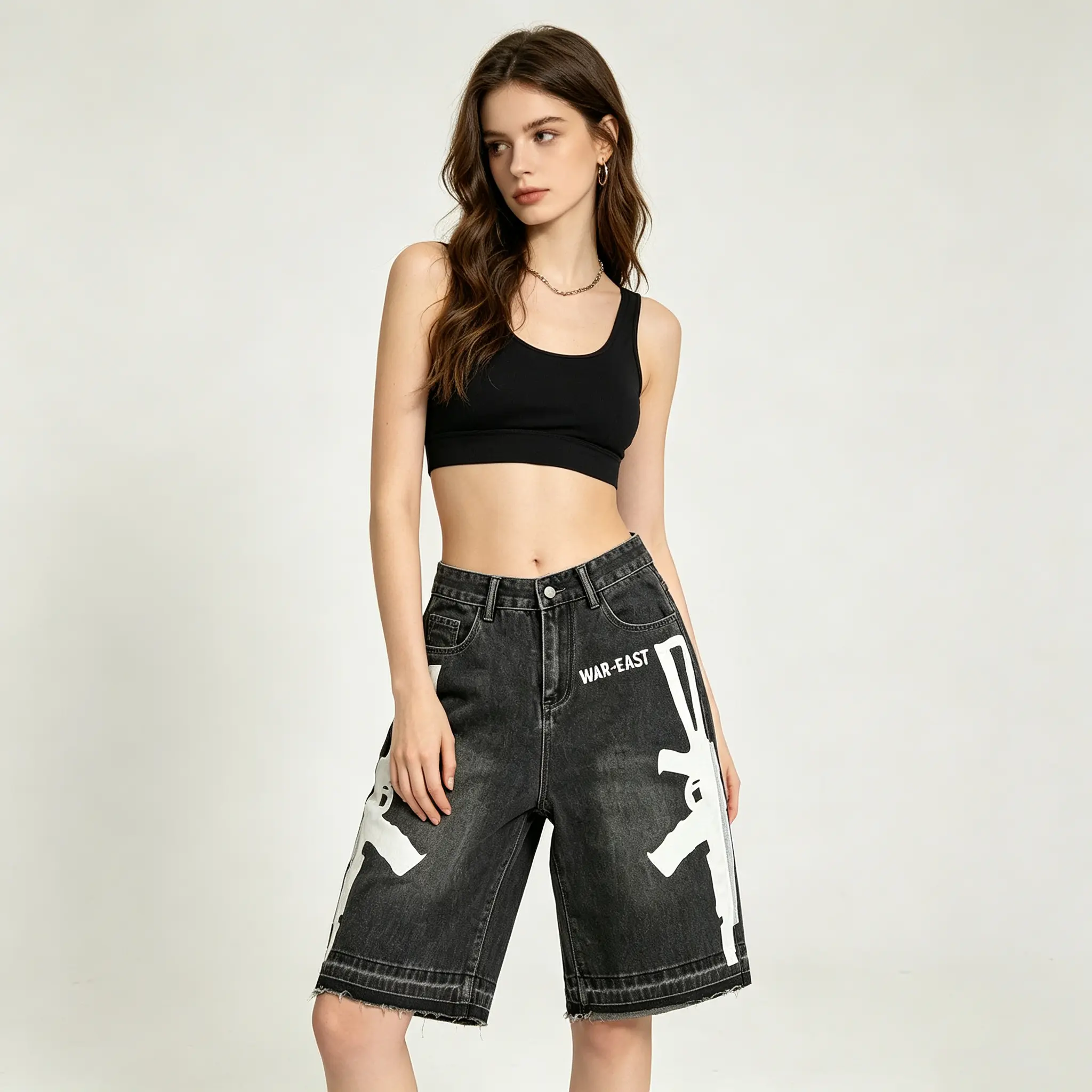Y2K Baggy Denim Jort Shorts for Women, Vintage Black Wash Gun Print Loose Knee Length Jean Shorts, Hip Hop Streetwear Distressed Raw Hem Casual Denim Bermuda Shorts