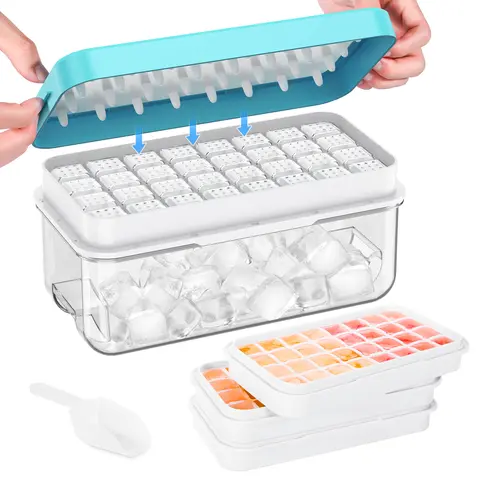 Flycity Stackable Ice Cube Tray Set with Lid and Bin – 64/96 Cubes,BPA Free,Easy-Release Ice Molds for Freezer,Includes Scoop Containers Utensils