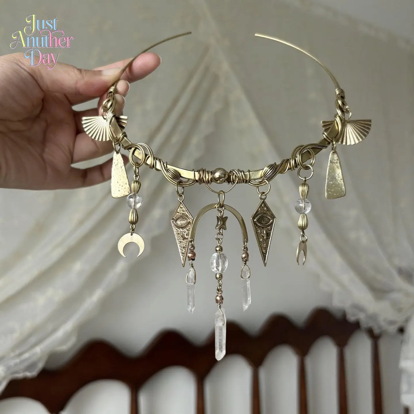 Handmade Brass Crystal Choker Necklace, Vintage Desert Aesthetic with Moon, Star, and Eye Charms, Clear Quartz and Tassel Details, Boho Wasteland Style, Unique Statement Piece for Festivals and Cosplay