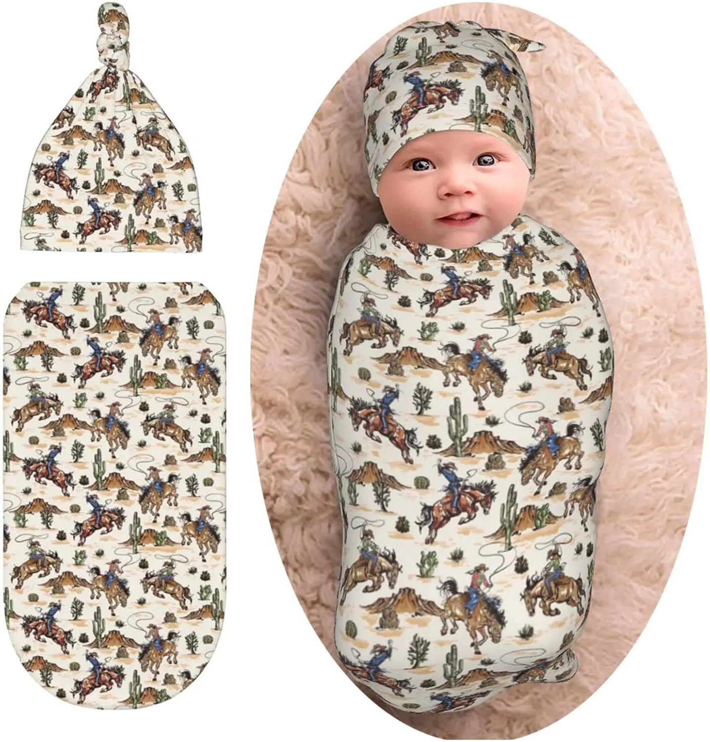 Western Cowboy Theme Newborn Swaddle Blanket & Beanie Coordinated Set - Soft Fabric Unisex Baby Accessory, 1 Size, All Seasons, Building Toy Accessory for Party Gifts (Not Applicable)