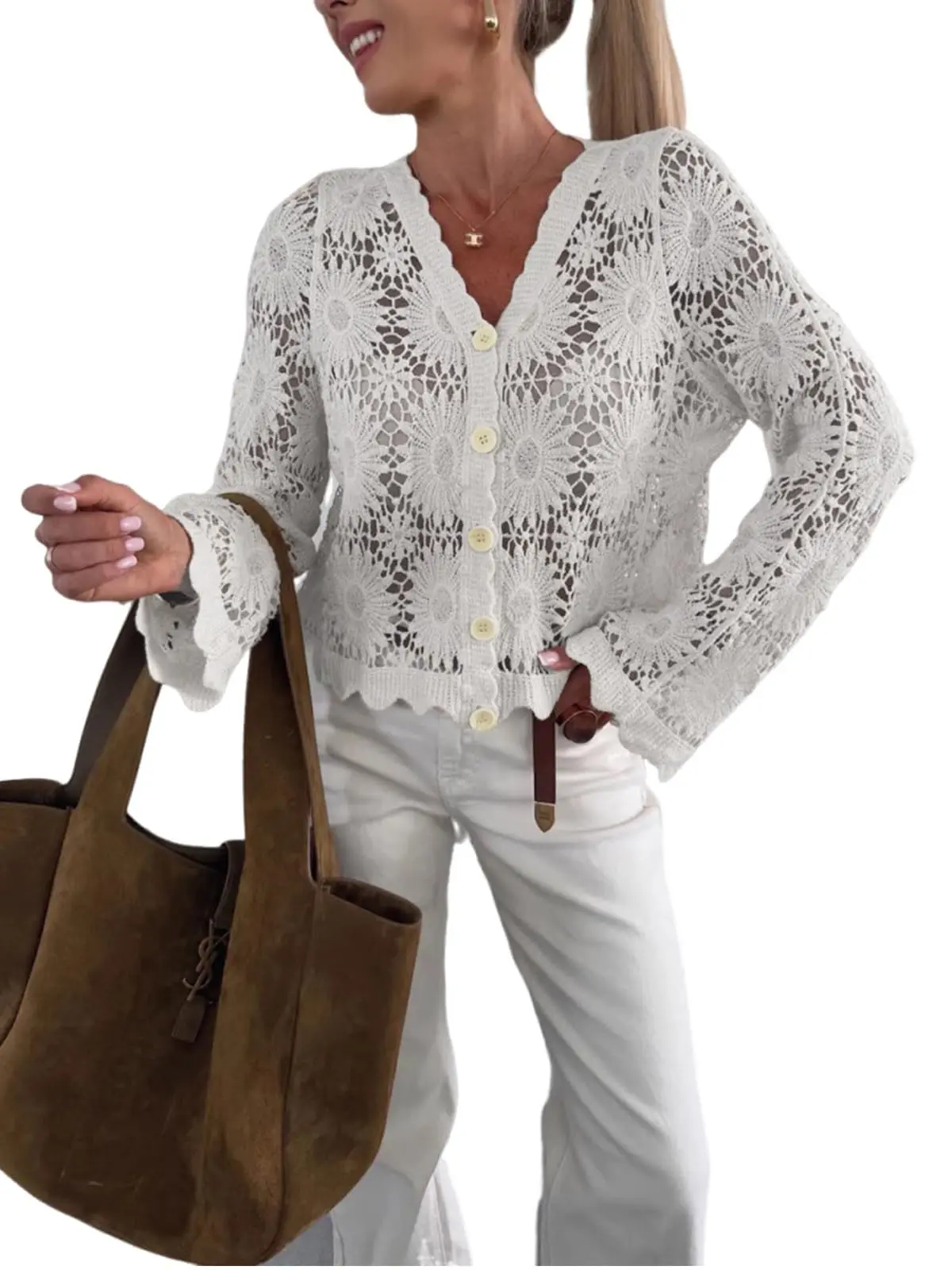 utcoco Women's Crochet Knit Crop Cover Up Blouse - Long Sleeve, Button-Down, Hollow Out, for Beach Vacations - Cover Ups Swimsuits, Tops Women,summerwins,summeroutfits,vacationoutfits,beachoutfits