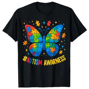 Autism Awareness Butterfly Puzzle Graphic T-Shirt for Men, Colorful Puzzle Pieces & Stars Design, Black Casual Round Neck Tee, Breathable Elastic Cotton, Regular Fit Spring & Summer, Machine Washable, Everyday Comfort for Autism Acceptance & Support