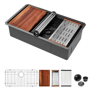 Logmey 33 Inch Black Undermount Kitchen Sink 33x19 Black Stainless Steel Sink Workstation NANO-PVD Stainless Steel T304 16 Gauge Single Bowl Sinks 33x19x9 Inch Round Corners