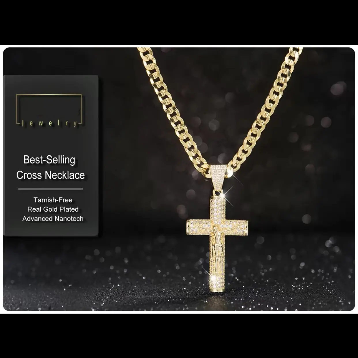 14K Real Gold-Plated Cross Necklace for Men, Advanced Nanotech Tarnish-Free Cuban Figaro Rope Miami Chains with Jesus Crucifix Pendant,24" Long, Christian Religious Jewelry Gift，Graduation Gift Cuba Chain