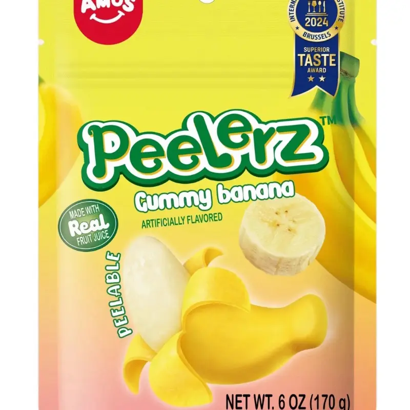 Peelerz Amos Sweet Gummy Banana Artificially Flavored Pill Bowl Gummy 6 Ounce Bag Made with Real Fruit Juice Snack Candy