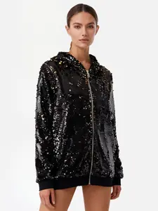 Sequins Hooded Jacket, Fashion Shiny Style, Casual Versatile Outerwear, Party Daily Wear, Street