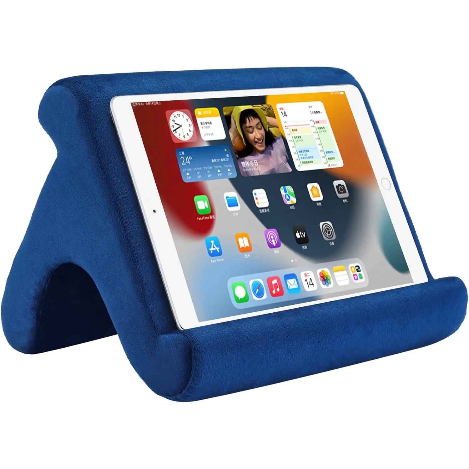Suede Foam Synthetic Tablet Pillow Stand Holder - Handheld/Computer Electronics Accessory, 3 Viewing Angles, Bed Use, Compatible with Phones, Tablets, iPad Pro (9.7in,10.5in,12.9in), Air, Mini 3-4, Kindle, E-Reader, Books (Navy), Ergonomic, Hollow
