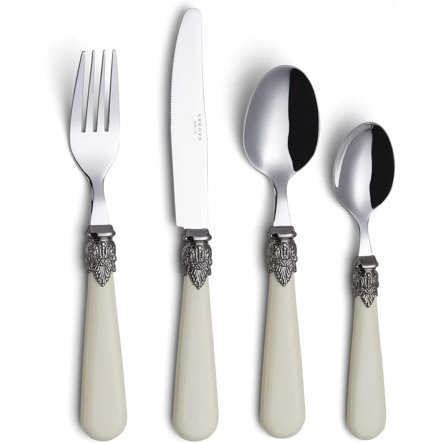 Annova Flatware 24 Pieces Set/Stainless Steel Vintage Silverware/Cutlery Set, Ivory Color, Dinner Knife/Dinner Fork/Dinner Spoon/Dessert Spoon, Mirror Polished, Service for 6 - Cream/Ivory Vintage