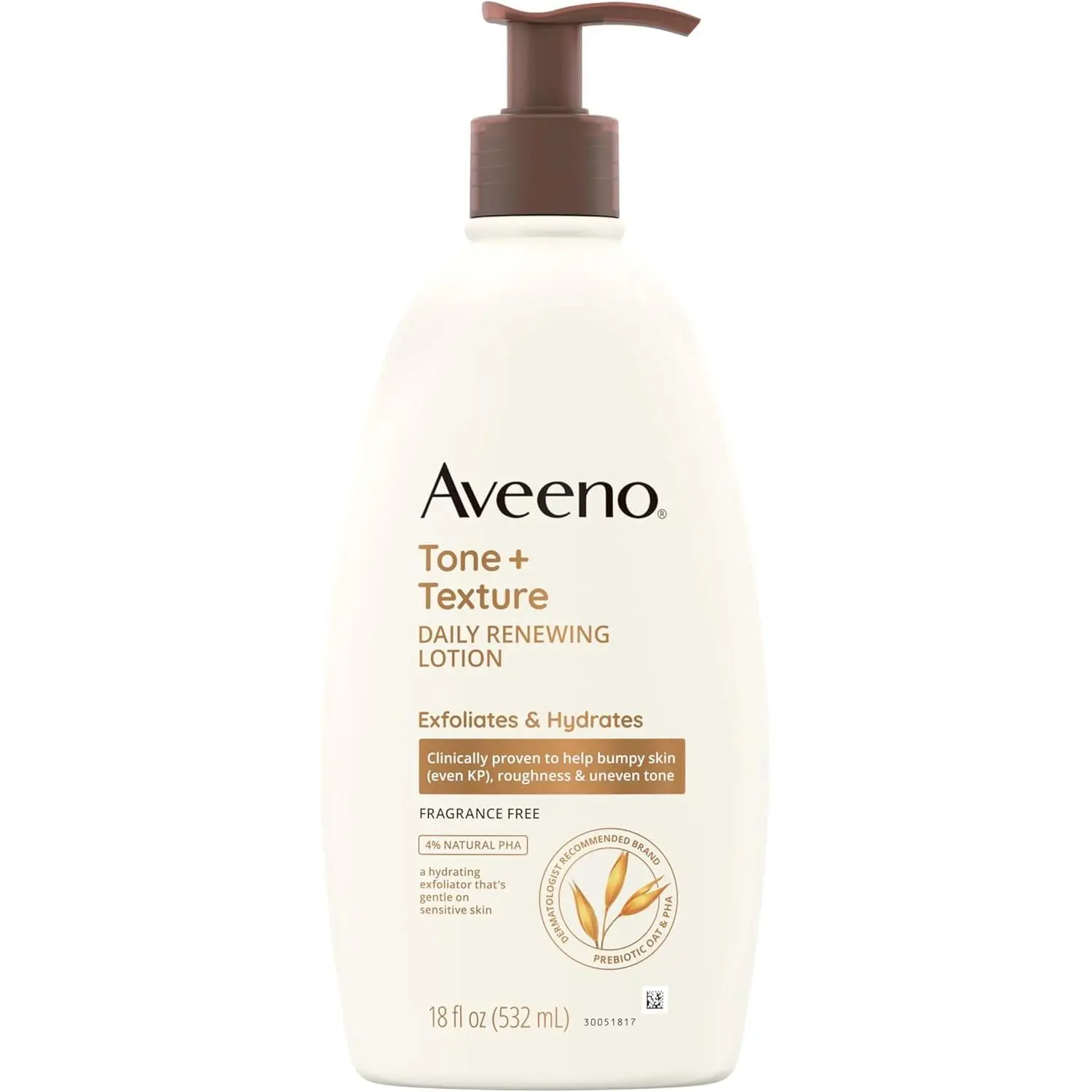 Aveeno Tone + Texture Daily Renewing Body Lotion with Prebiotic Oat Hydrates & Smooths Dry, Rough, Bumpy Skin Even KP, Fragrance-Free, 18 fl. Oz