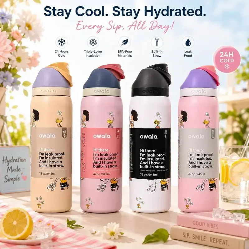 [SALE OFF 50% - LIMITED STOCK] Owala FreeSip 32oz ANIME PATTERN Water Bottle, Leakproof Built-in Straw, BPA Free Stainless Steel Cup, 24H Cold 12H Hot Travel Gym Bottle#Owala
