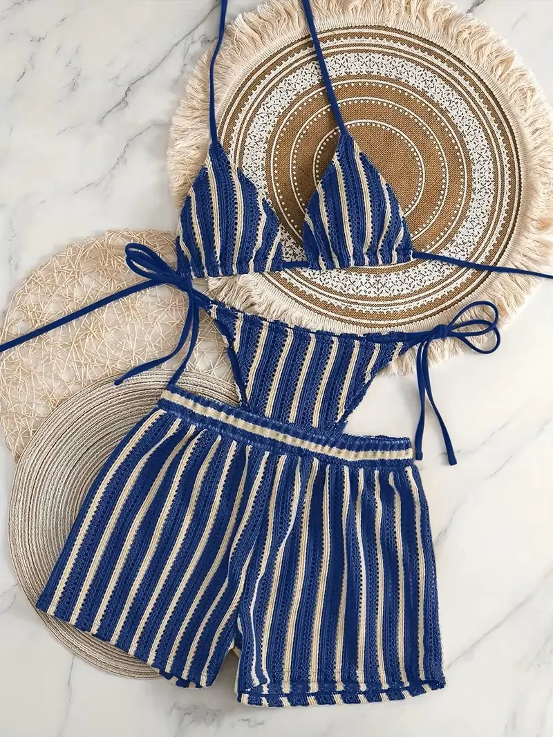 Women's 3-Piece Crochet Drawstring Cover-Up Bikini Set, Sizes S-M-L, Summer Sports & Outdoor Swimwear
