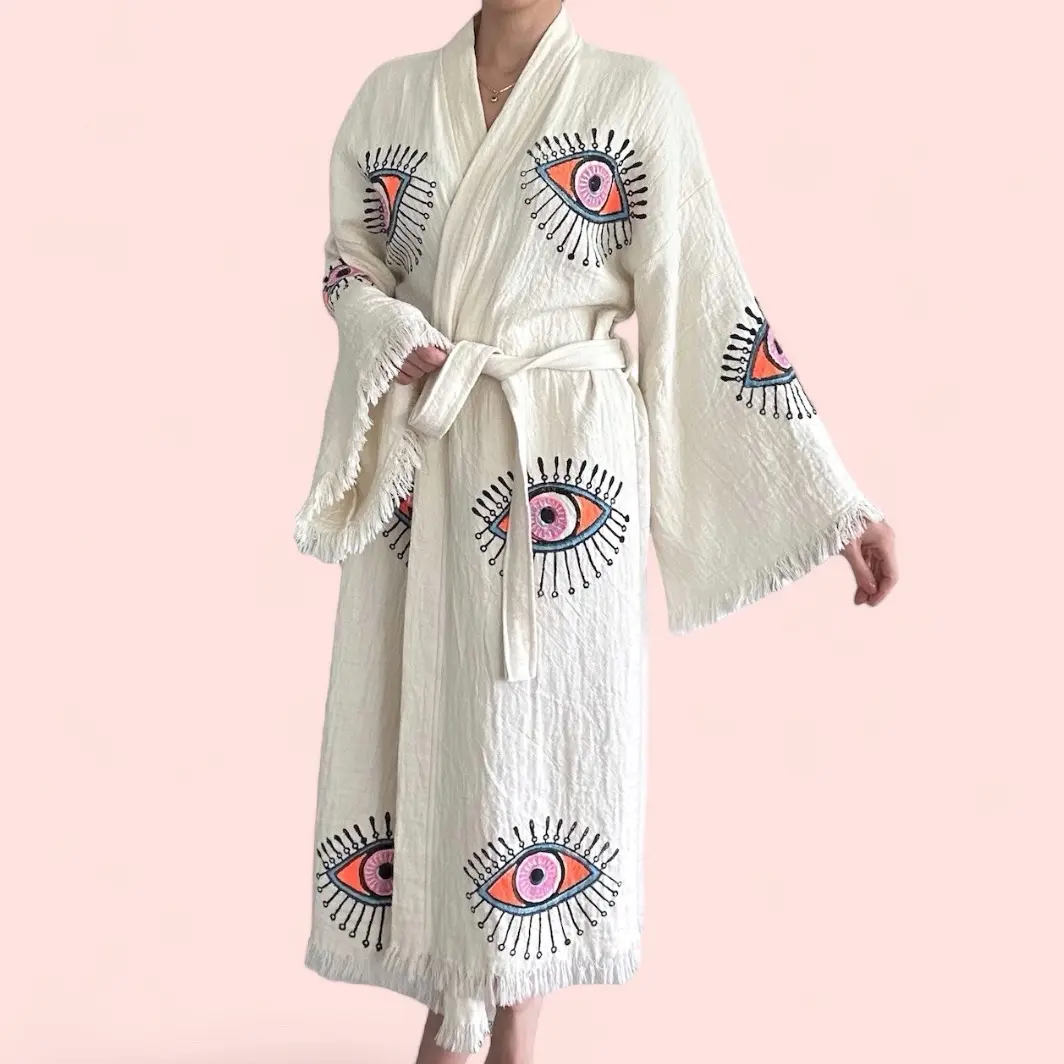 The Pinus Women's 100% Cotton Evil Eye Hand Painted Original Kimono Robe - Casual Style Maxi Long Sleeve Kaftan, Boho Elegant Loungewear Nightwear Coverup, 1 Size Fits XS-XL