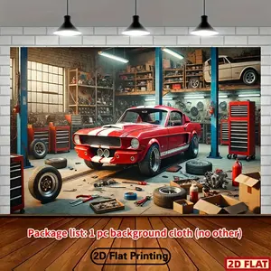 2D Flat Banner, 1pc 8x6ft Vintage Garage Workshop Party Banner - Durable Polyester Automotive Theme Backdrop with Classic Car & Tools Design for Indoor/Outdoor Decor, Studio Photography, Holiday Celebrations (Red/ Decorative Banner