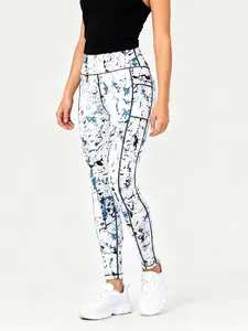 Women's Blue Patchwork Print Yoga Pants, High Waisted Tummy Control Running Fitness Athletic Leggings, Side Pockets, Sporty Style, All Seasons, High Waist Sports