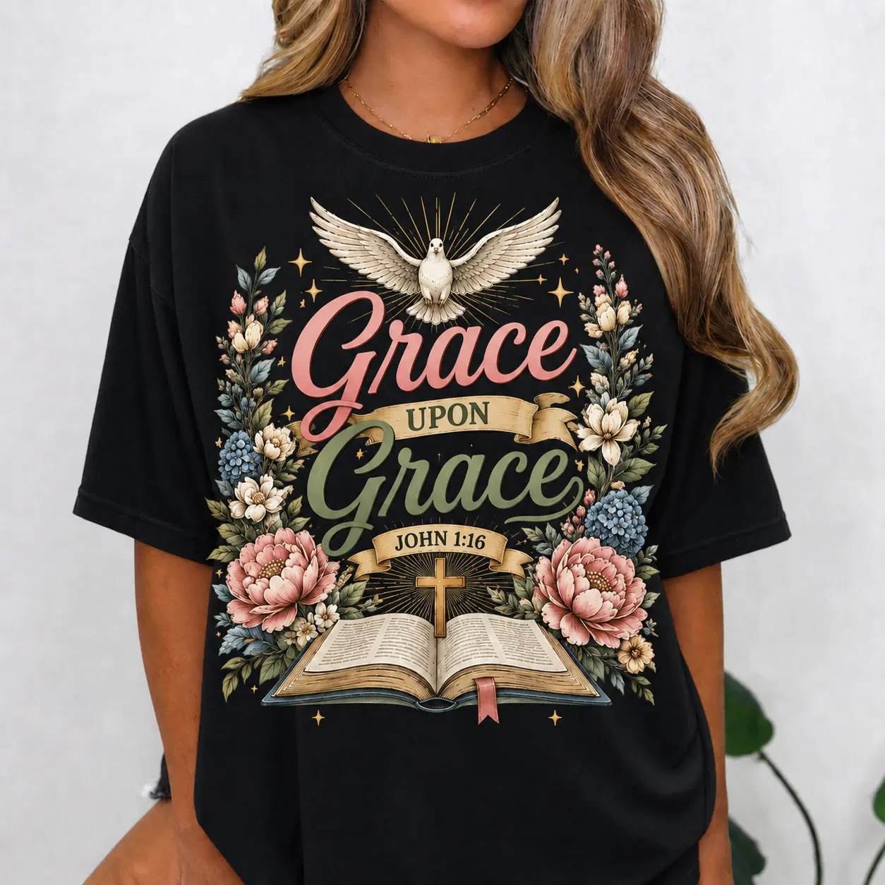 Grace Upon Grace John 1:16 Christian Graphic Tee for Women, Floral Bible Dove Faith Shirt, Inspirational Gift Top