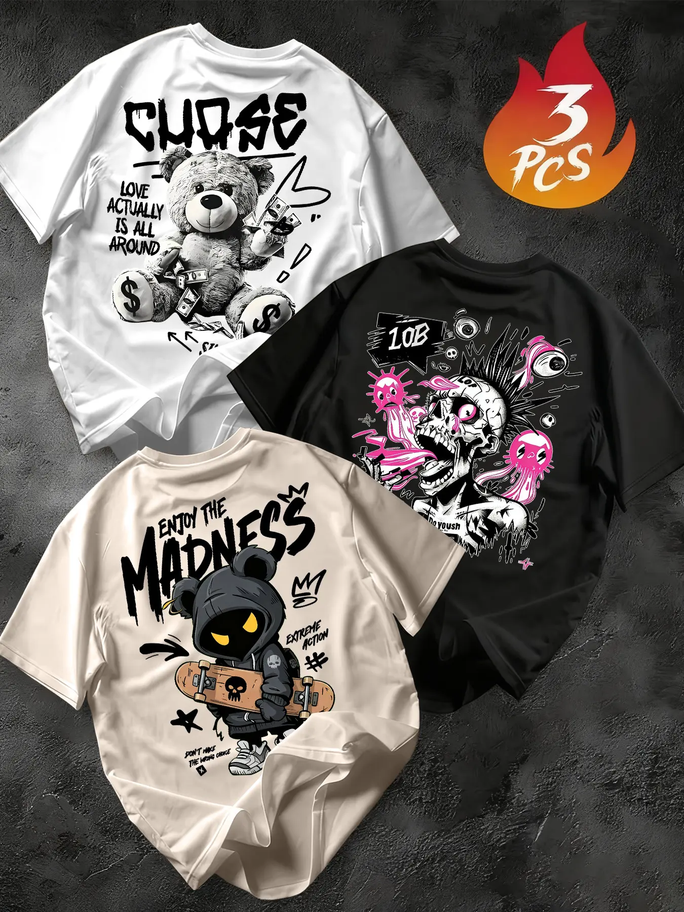 Men's 3-Pack Graffiti Round Neck Short Sleeve T-Shirts, Menswear Set Tops, Unique Cool Prints, Loose Fit, Casual Street Style, Daily Wear, Streetwear