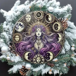 1pc Hecate Witchcraft Themed Metal Wall Art Sign - 7.87x7.87in Aluminum Decor with Mystical Moon Phases, Celestial Design, Pine Branches & Red Berries, Easy to Hang, Durable Reusable Sun Moon Print for Home, Garden, Office