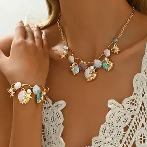 Boho Colorful Enamel Shell Starfish Jewelry Set, Gold-Tone Faux Pearl Charm Necklace & Bracelet for Women, Beach Vacation Daily Wear