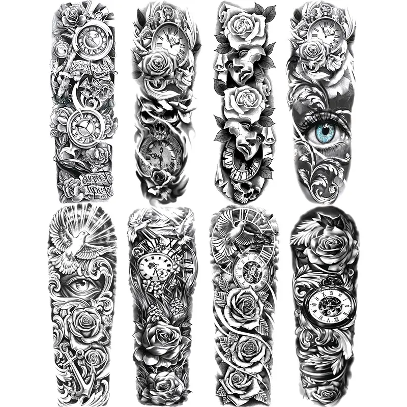 8 Sheets Full Arm Temporary Tattoo Stickers, Peace Dove Floral Clock Ship Anchor Design, Waterproof Realistic Body Art for Men Women
