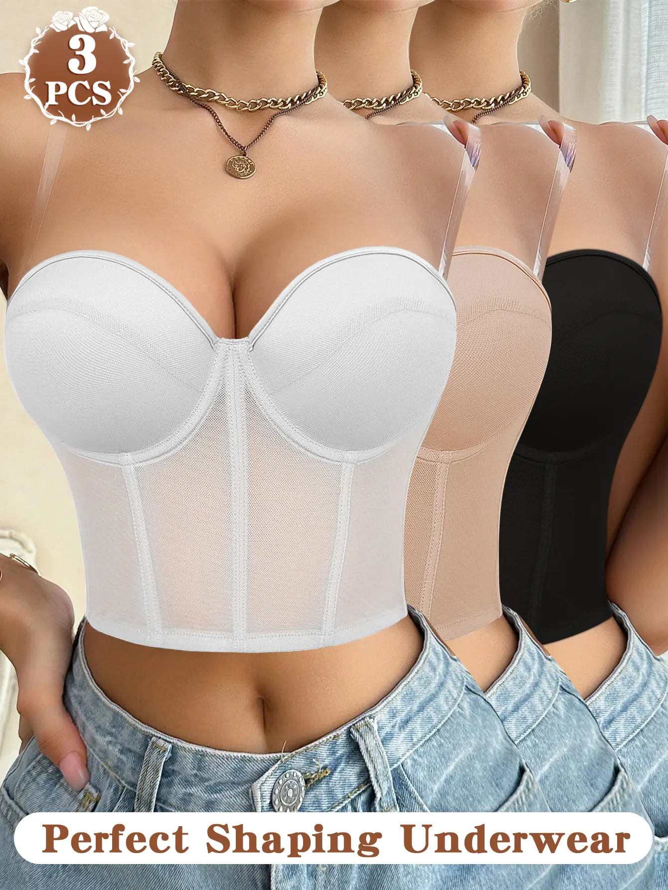 Women's Cute Preppy Chic Birthday Wider Side Lift Strapless Push Up Mesh Underwire Bandeau Bra (2/3PCS) - Fishbone Support, Detachable Adjustable 2-Way Straps, Breathable Skin-Friendly, for Everyday Summer Outfits, Retro, Vintage