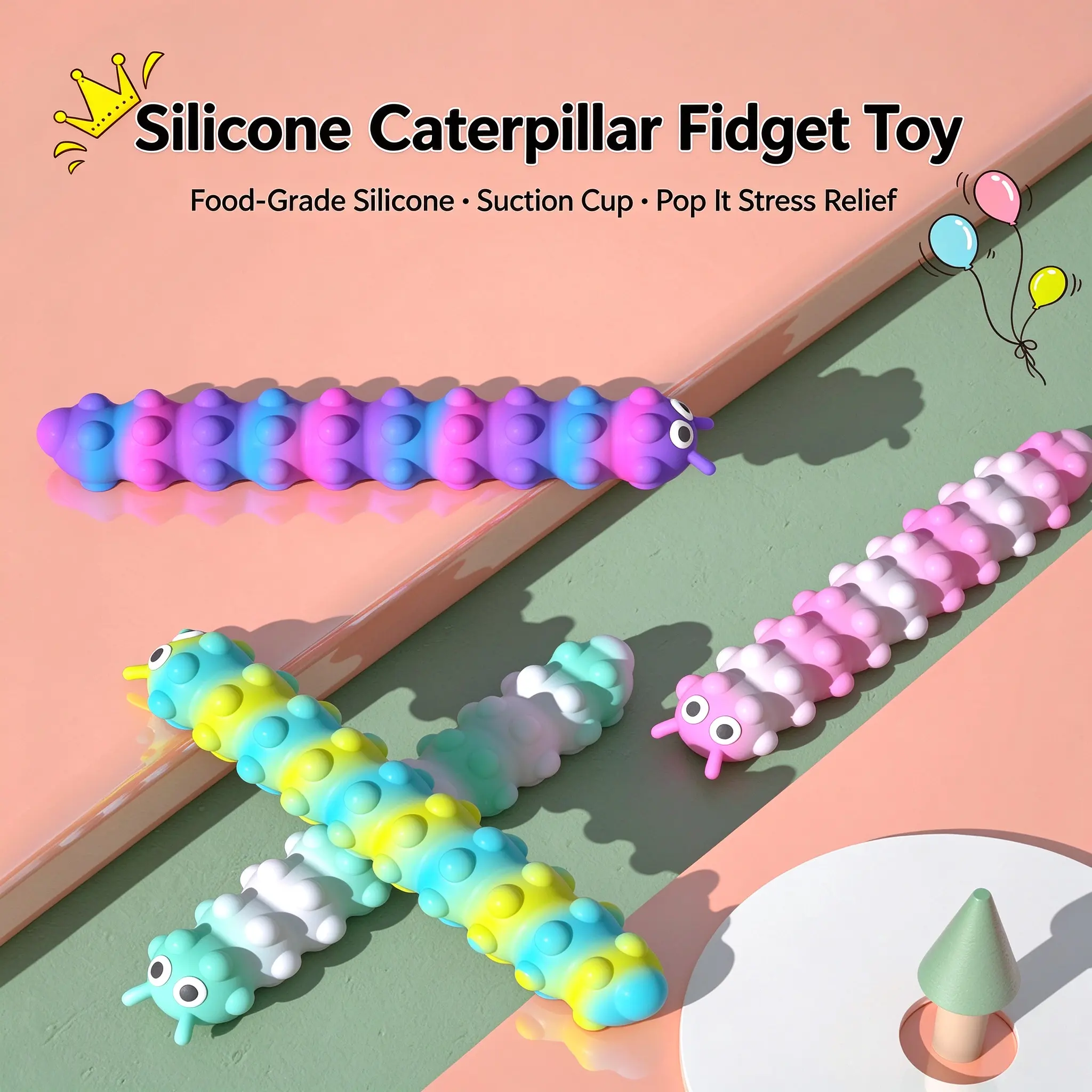 Caterpillar Pop It Fidget Toy, Silicone Suction Cup Sensory Toy for Kids, Push Pop Stress Relief Toys, Food-Grade Silicone Fidget Toy for Anxiety ADHD, Cute Desk Toy Gift for Girls Boys