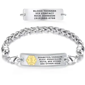 Custom Engraved Rect Classic Wheat Chain Medical ID Bracelet