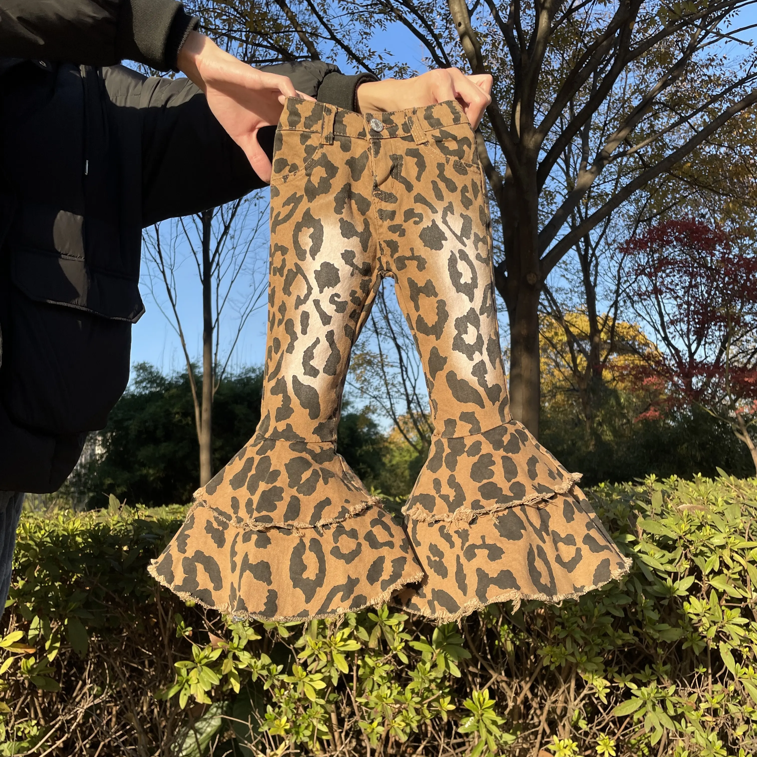 Girl Bell Bottom Jeans Leopard Bleached girl denim pant toddler jeans party wear adjustable waist