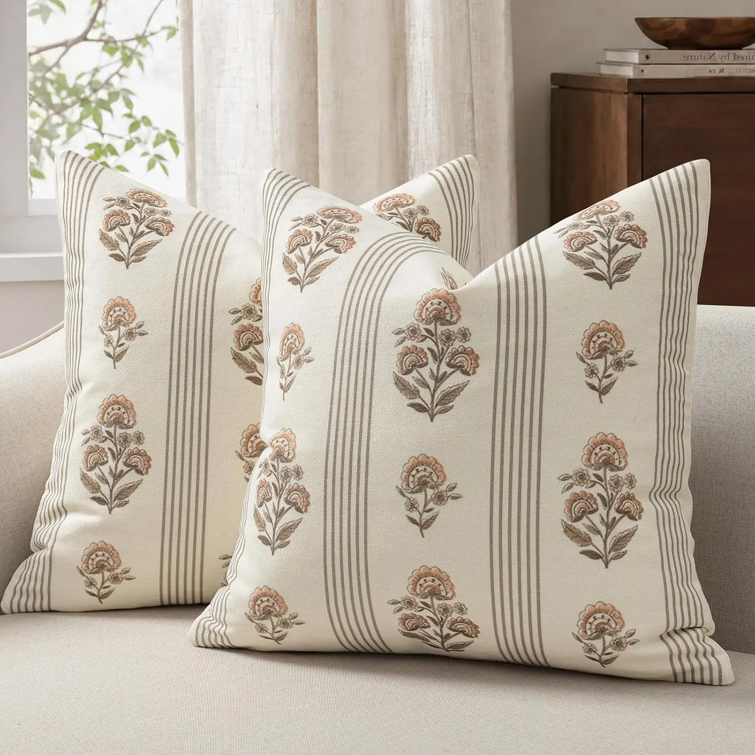 Set of 2 18x18 Inch Floral Stripe Block Print Throw Pillow Covers Neutral Boho Envelope Cushion Covers for Sofa Home Decor
