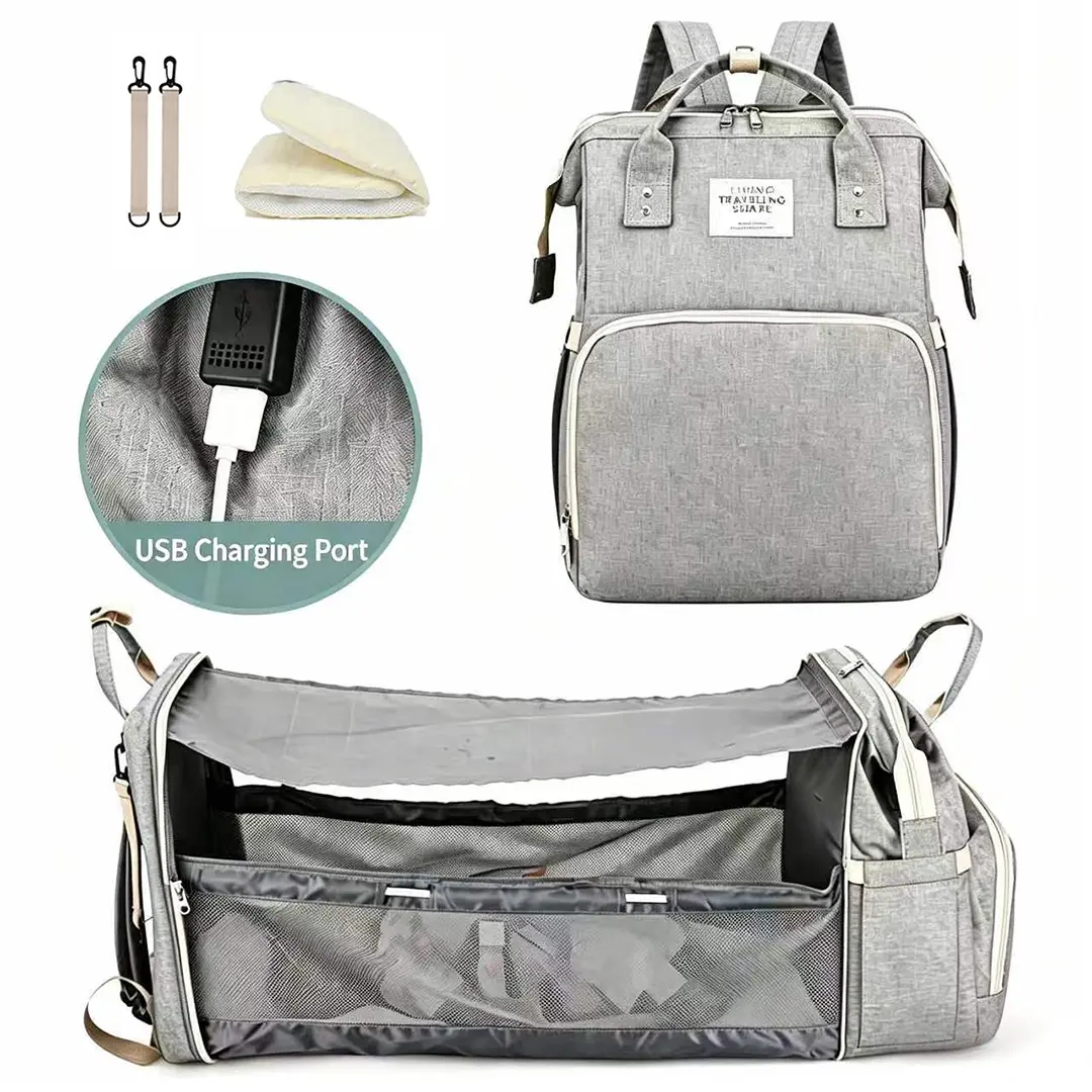 Large-capacity portable travel backpack (with USB charging port), double-shoulder backpack, multifunctional care bag (with foldable baby bed and insulated bottle pouch), includes stroller hook, suitable for storing essential items for babies’ outings.
