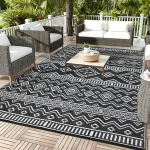 Waterproof Outdoor Rug, Reversible Plastic Straw Mat, Tribal Geometric Washable RV Camping Carpet, Foldable UV Resistant Deck Rug for Picnic Backyard Balcony Porch Patio