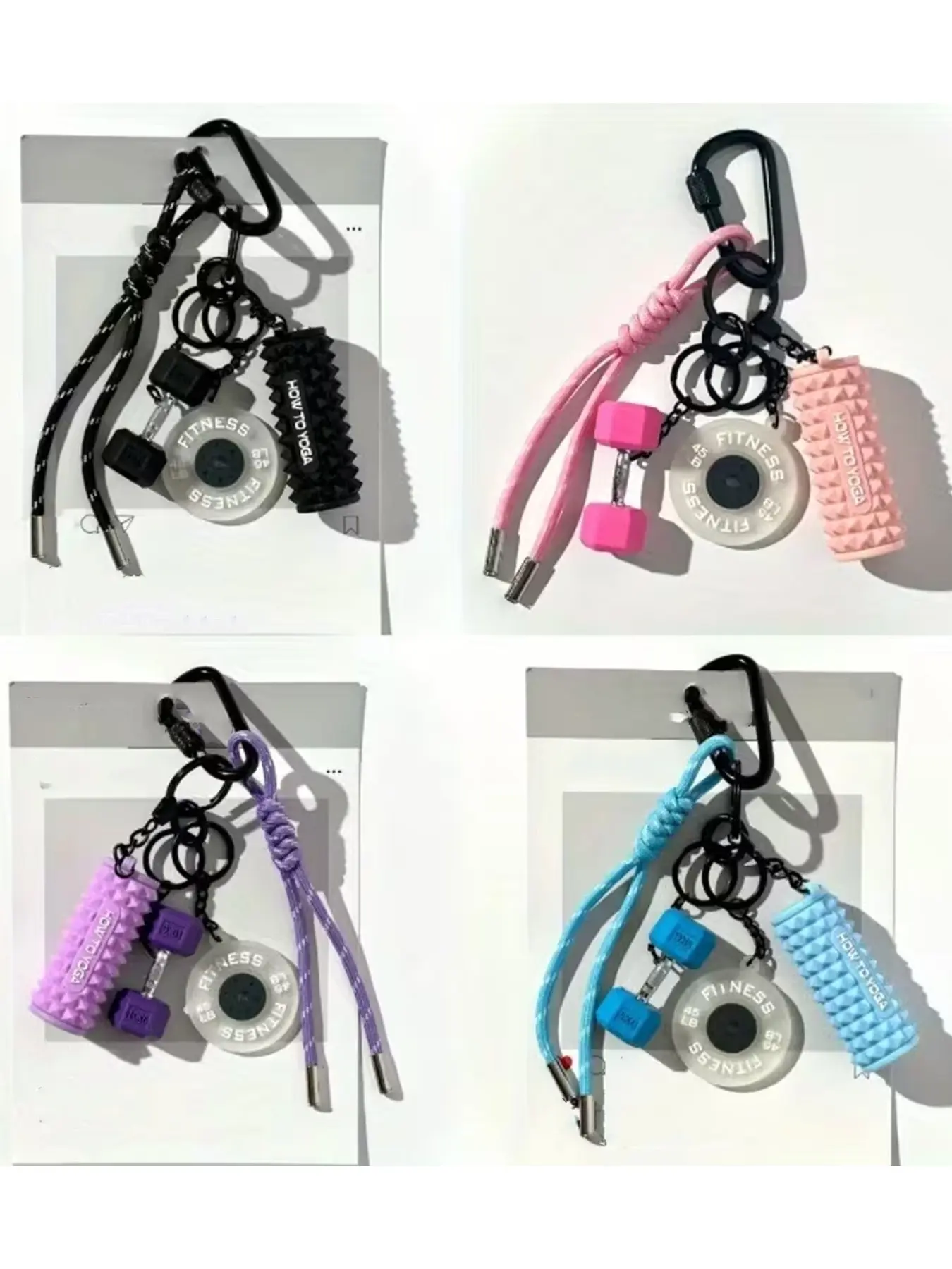 Fitness pendant, designed with miniature dumbbells, foam rollers, weight plates, featuring dopamine-inspired colors, suitable for bags, keys, sports gear, Keychain wristlet strap, Stylish keyring, perfect for workouts going out commuting