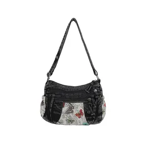 Denim Embroidered Vintage Style Crossbody Bag Washed Denim New Vintage Middle-aged Mom Bag Casual Large Capacity Fashion Women's Bag Multi-layer Large Capacity