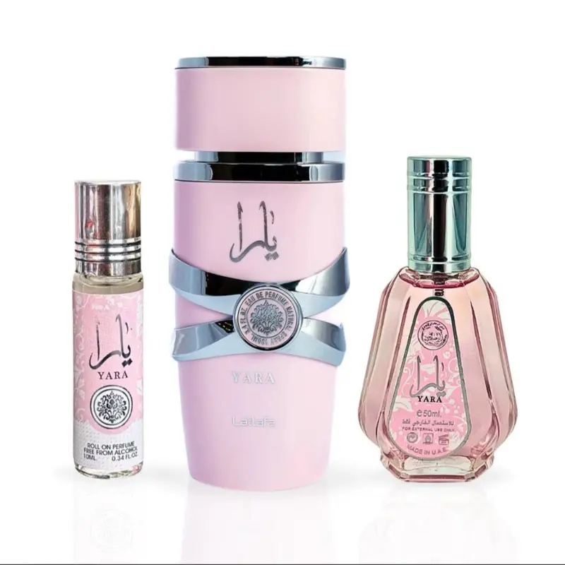Lattafa Yara 3-piece Fragrance Bundle for Women (3.4 Oz Eau de Parfum Spray + 1.7 Oz Eau de Parfum Spray + 0.34 Oz Roll-On Perfume Oil), Floral Perfumes, Edp Spray