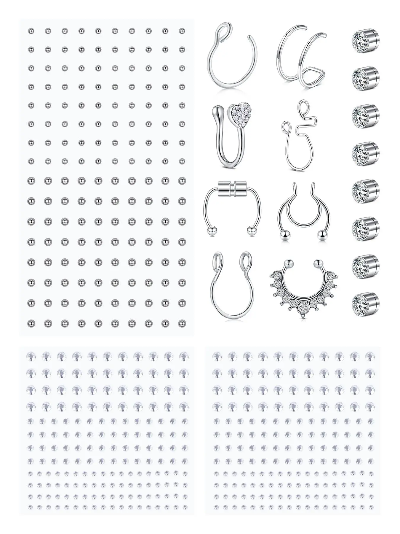 Face Gems Fake Piercings, Body Jewellery, Fake Lip Ring Fake Nose Rings Nose Piercing Jewelry Fake Eyebrow Piercing Magnet Nose Stud Self-Adhesive Face Sticker Fake Piercing Balls Silver Punk Y2k Halloween Makeup For Women Men Non Piercing Jewelry
