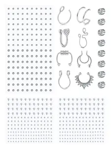 Face Gems Fake Piercings, Fake Lip Ring Fake Nose Rings Nose Piercing Jewelry Fake Eyebrow Piercing Fake Lip Piercing Magnet Nose Stud Self-Adhesive Face Sticker Fake Piercing Balls Silver Cool Punk Y2k Halloween Makeup For Women Men
